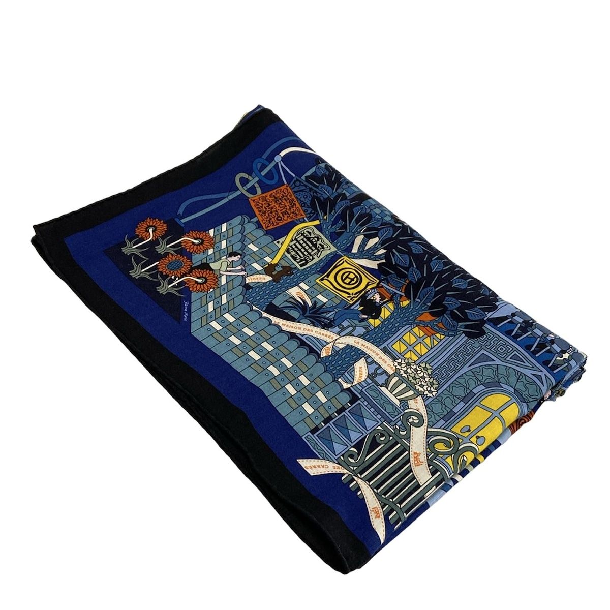 HERMES エルメス ストール ショール カレ140|カレジェアン ネイビー×ブルー×マルチ LA MAISON DES CARRES カシミヤ シルク