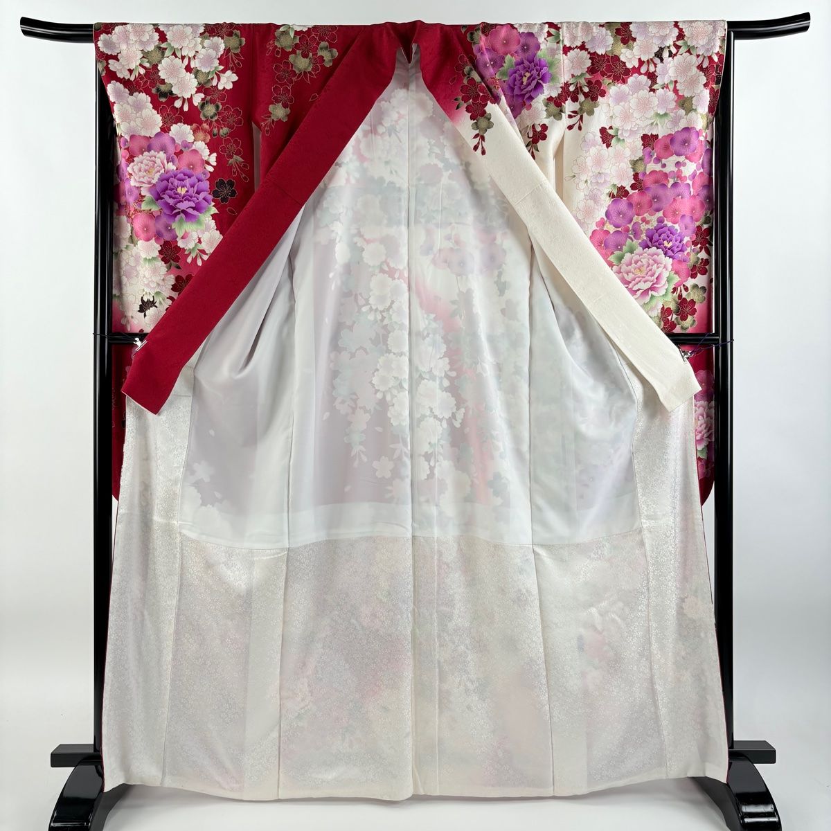 振袖 身丈165.5cm 裄丈66.5cm M 袷 花丸文 桜 刺繍 箔 赤 正絹