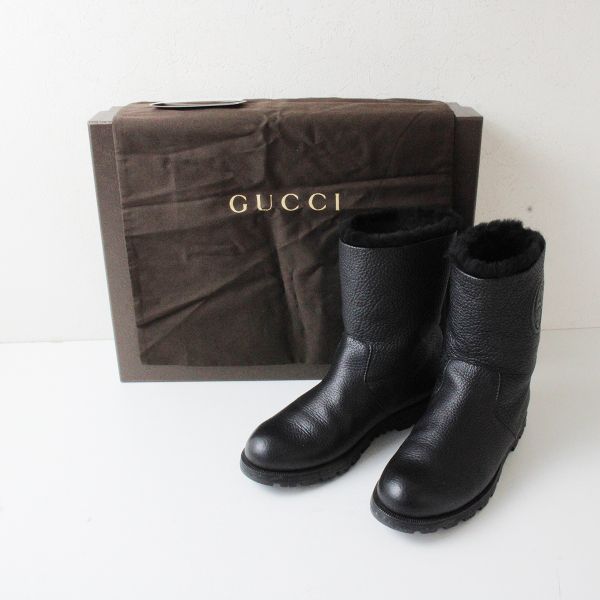 美品 GUCCI グッチ インターロッキング ファー レザーブーツ 37.5 