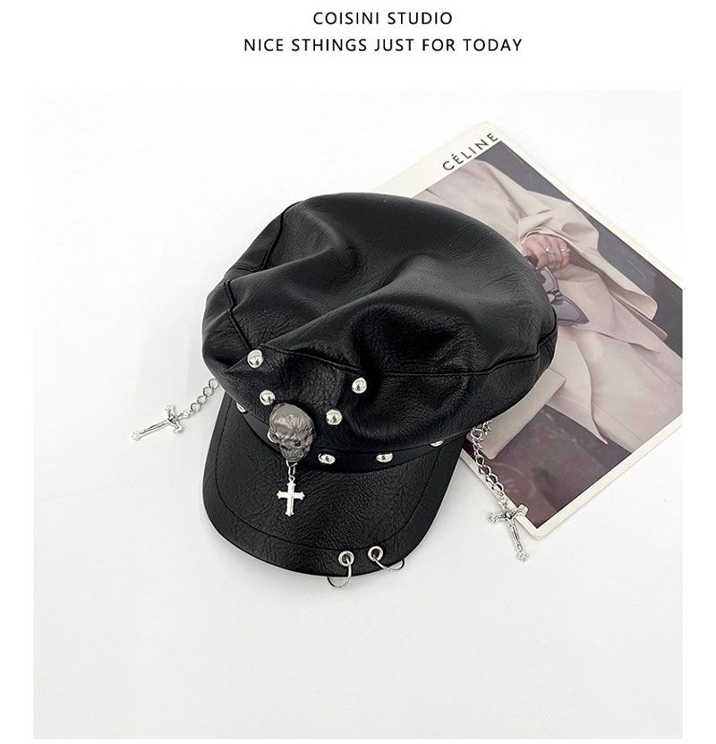 キャスケット スカル クロス 十字架 キャップ レザー 革 ベレー帽