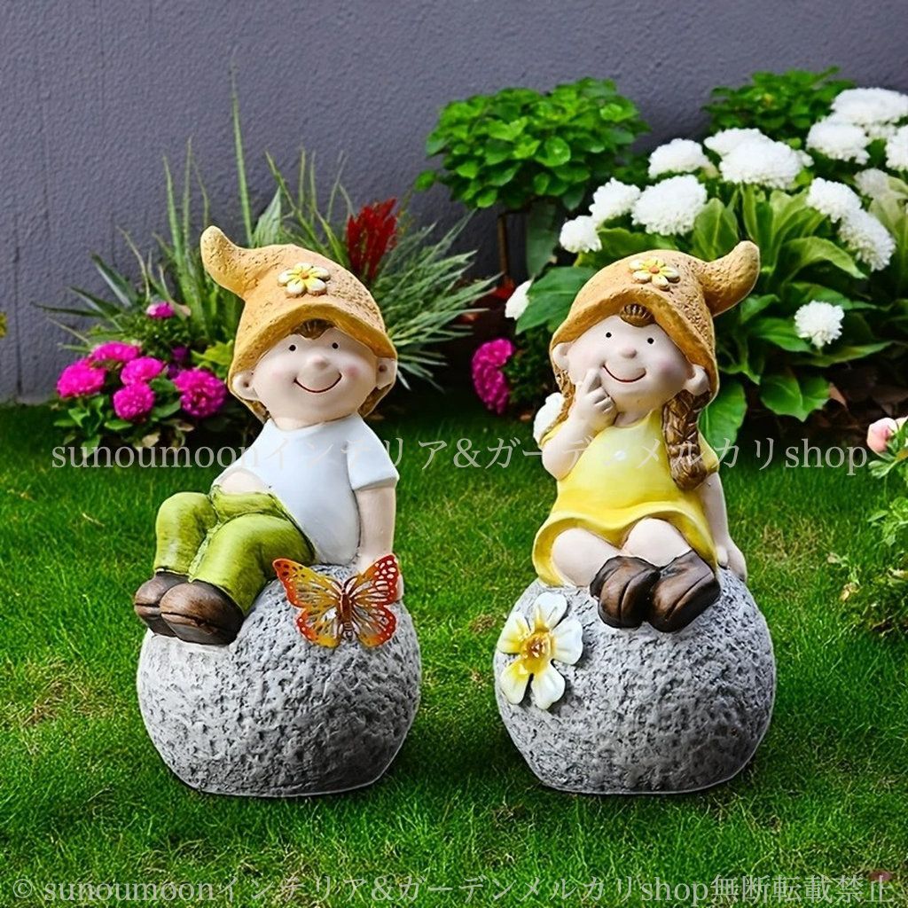 セラミック お洒落 ガーデンオブジェ カップル 女の子 男の子 セット 庭の装飾 4-7 オーナメント 置物 雑貨 イエロー ガーデンインテリア ガーデン雑貨 ガーデン かわいい インテリア おしゃれ ガーデニング