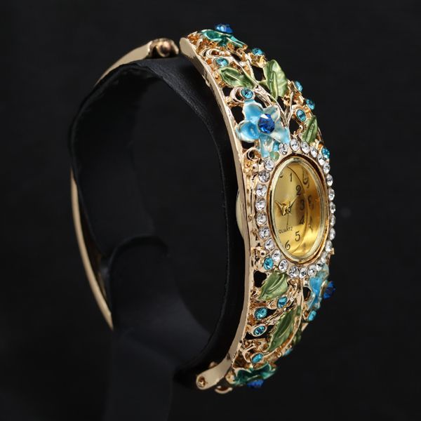 アンティーク 石付 バングルウォッチ フラワー QZ ゴールド文字