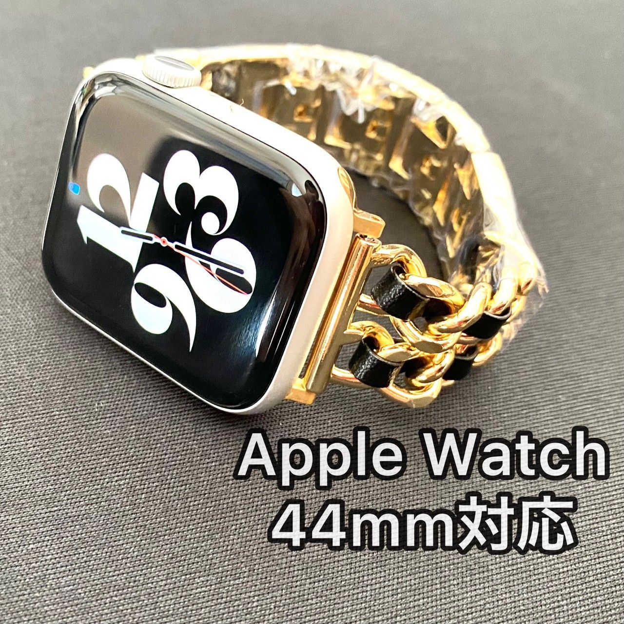 Apple Watch チェーンバンド ゴールド レザーブラック 44mm - 金属ベルト