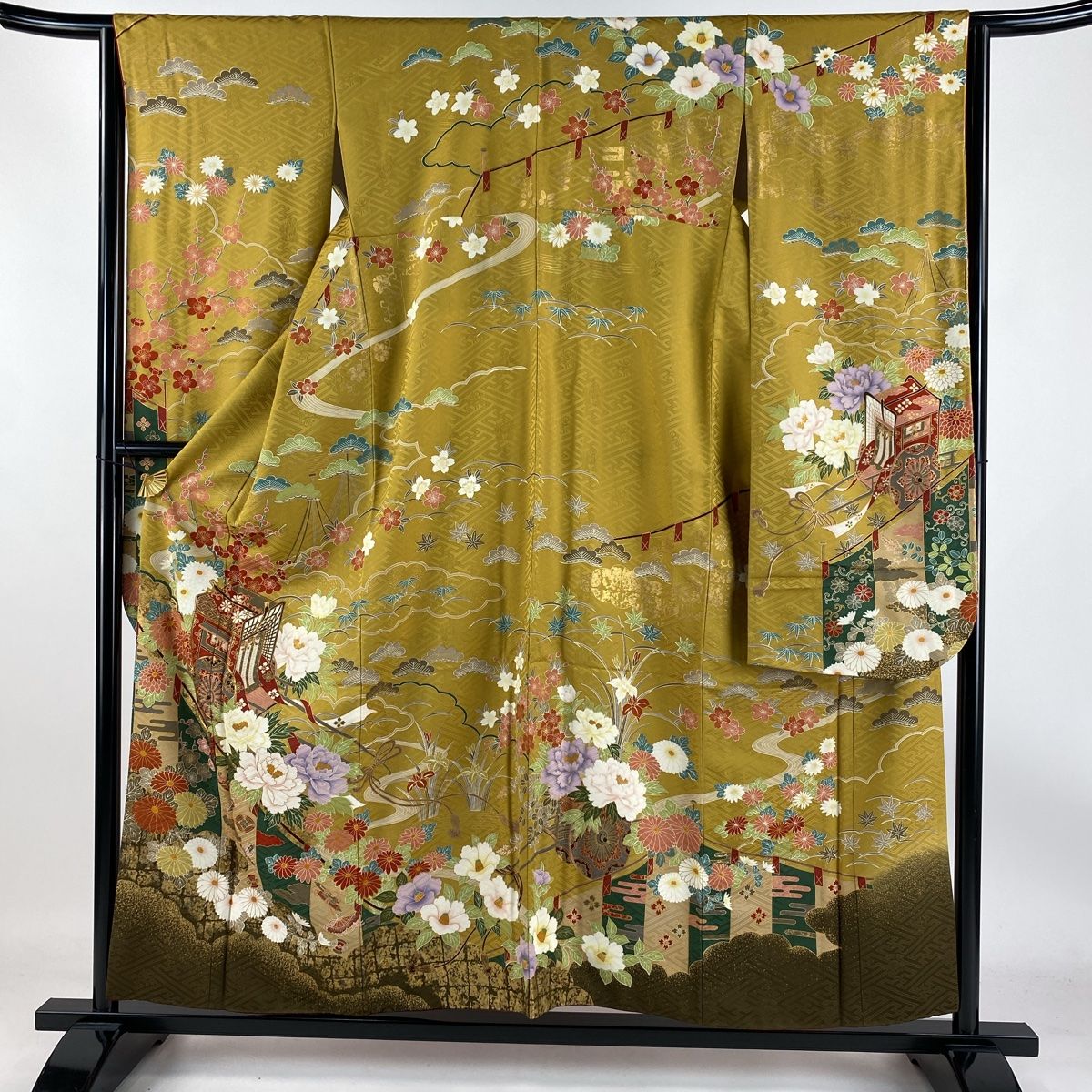 【振袖】蝶 草花 染め分け ぼかし 山吹茶色 袷 身丈160 M 正絹 振袖】蝶 草花 染め分け ぼかし 山吹茶色 袷 身丈160 M 正絹