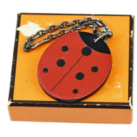 【中古】 エルメス HERMES バッグチャーム キーホルダー てんとう虫 レッド ブラック レザー 保存箱付き 04BP628