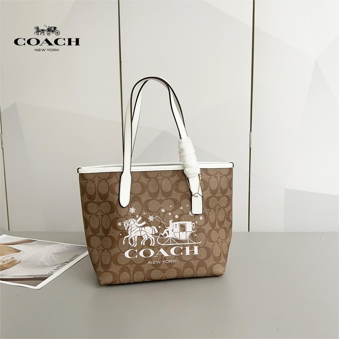 コーチ バッグ レディース COACH トートバッグ PVC レザー シグネチャー ミニ シティ トート 馬車 アウトレット品 CN183 ブラウン×ホワイト