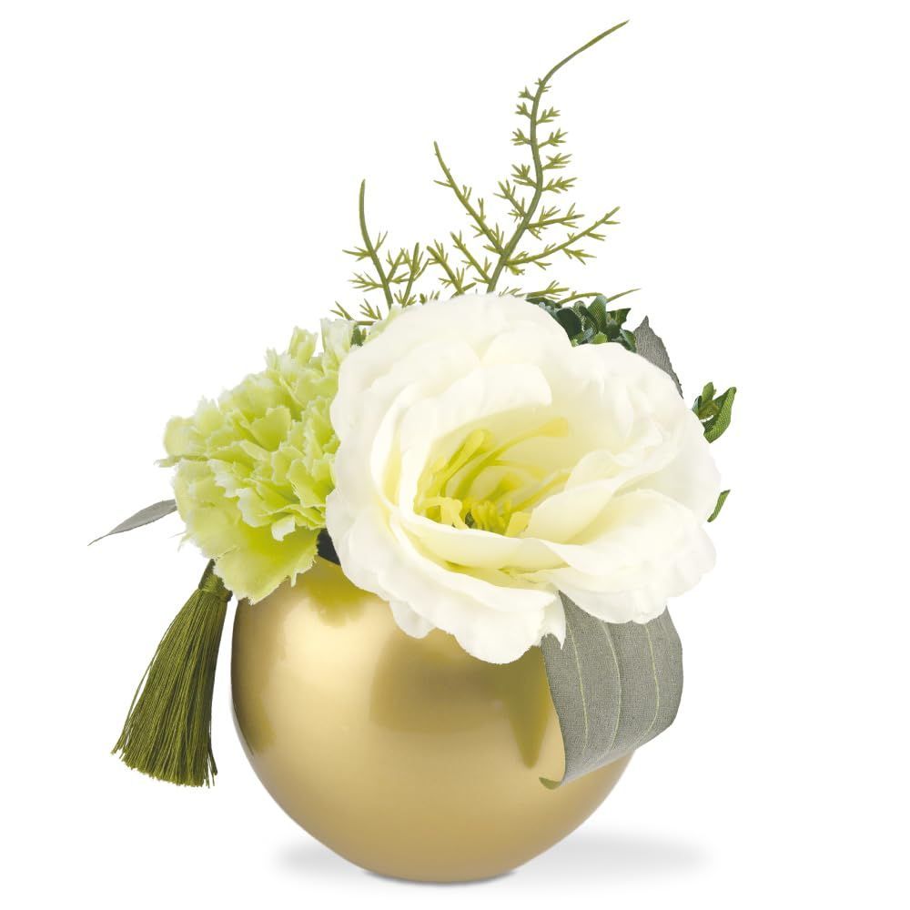Size:Small 造花 フェイクフラワー トルコキキョウ 仏花 お供え フワラーアレンジメント 仏壇 ナチュラル グリーン ゴールド saku Satsuki Sサイズ／Green×Gold