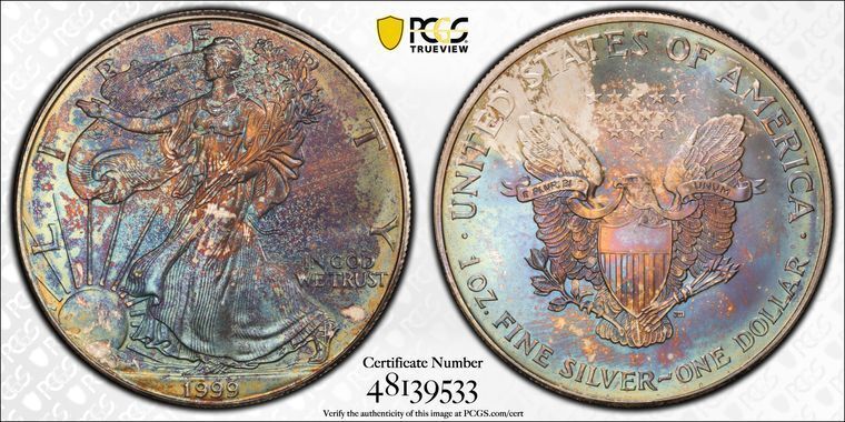 1999 PCGS MS67 - RAINBOW TD 1 oz Silver American Eagle SAE $1 Coin