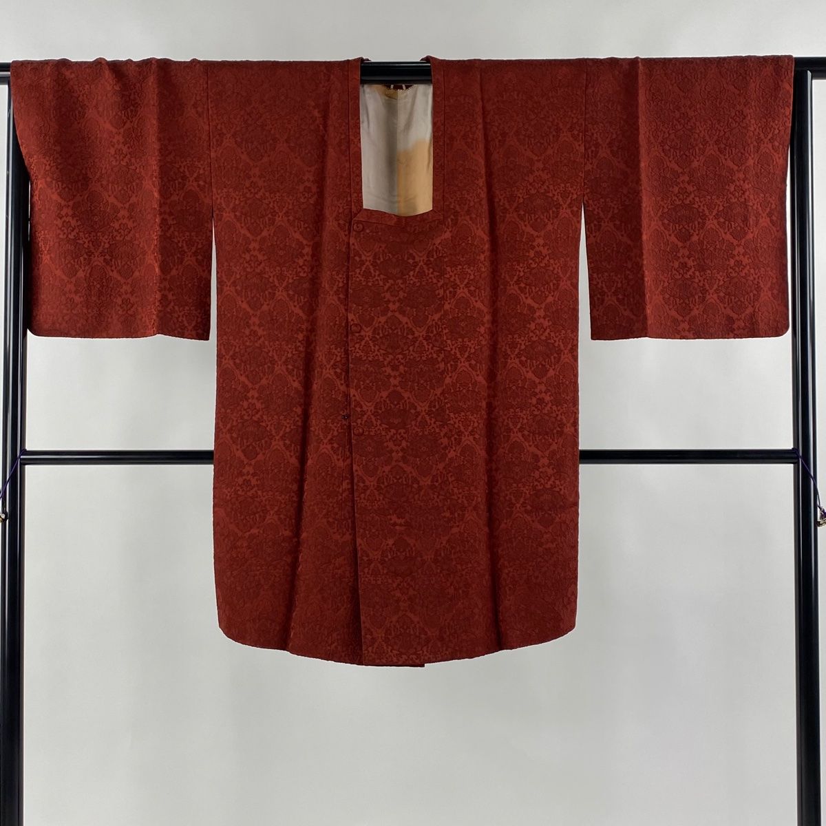 道行 身丈94cm 裄丈69cm L 和装コート 角衿 地紋 えんじ色 正絹 美品  