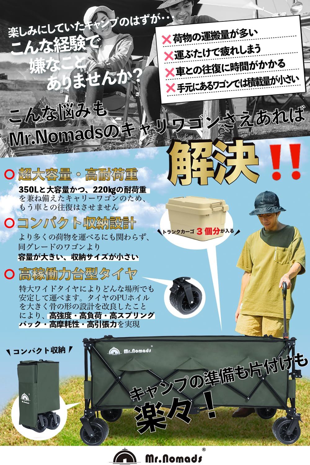  MR ラグビー日本代表採用メーカー キャリーワゴン 耐荷重220 kg 大型タイヤ 自立収納 コンパクト ワンタッチ収束式 折り畳み アウトドアワゴン キャリーカート キャンプカート 建築現場用カート 4輪 キャンプ KW 003 キャリーカート 旅行かばん 小分けバッグ