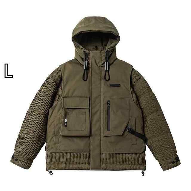 L 秋冬 コーデ メンズ 服 シンプル ファッション オシャレ 大人 かっこいい 大きいサイズ ストリート 紳士服 アウトドア ワークウェア フード付き ダウン ジャケット アウター 機能的 ウィンド フェイク ツーピース 暖かい