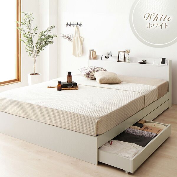 ベッド ダブル 2層ポケットコイルマットレス付き ナチュラル 低床 棚付 宮付 コンセント付 すのこ ローベッド