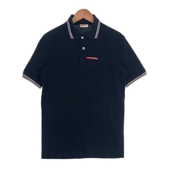 【美品】PRADA/プラダ　半袖ポロシャツ　ロゴ パッチ　鹿の子　ブラック　黒 美品】PRADA/プラダ 半袖ポロシャツ ロゴ パッチ 鹿の子