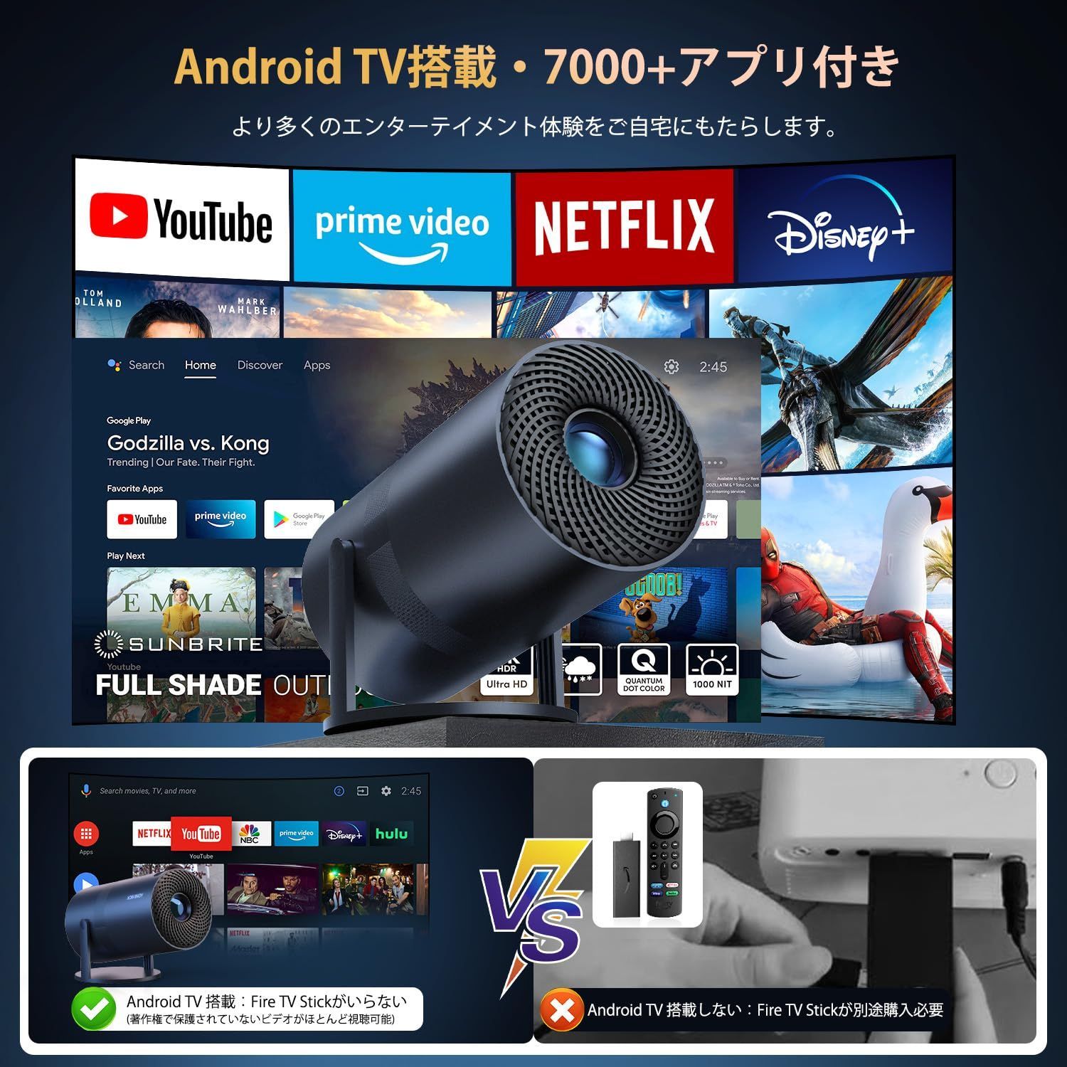 プロジェクター 家庭用【Android TV搭載・APP利用可能・270°回転】 楽天市場】【Android TV搭載・270°回転】 4K対応 プロジェクター