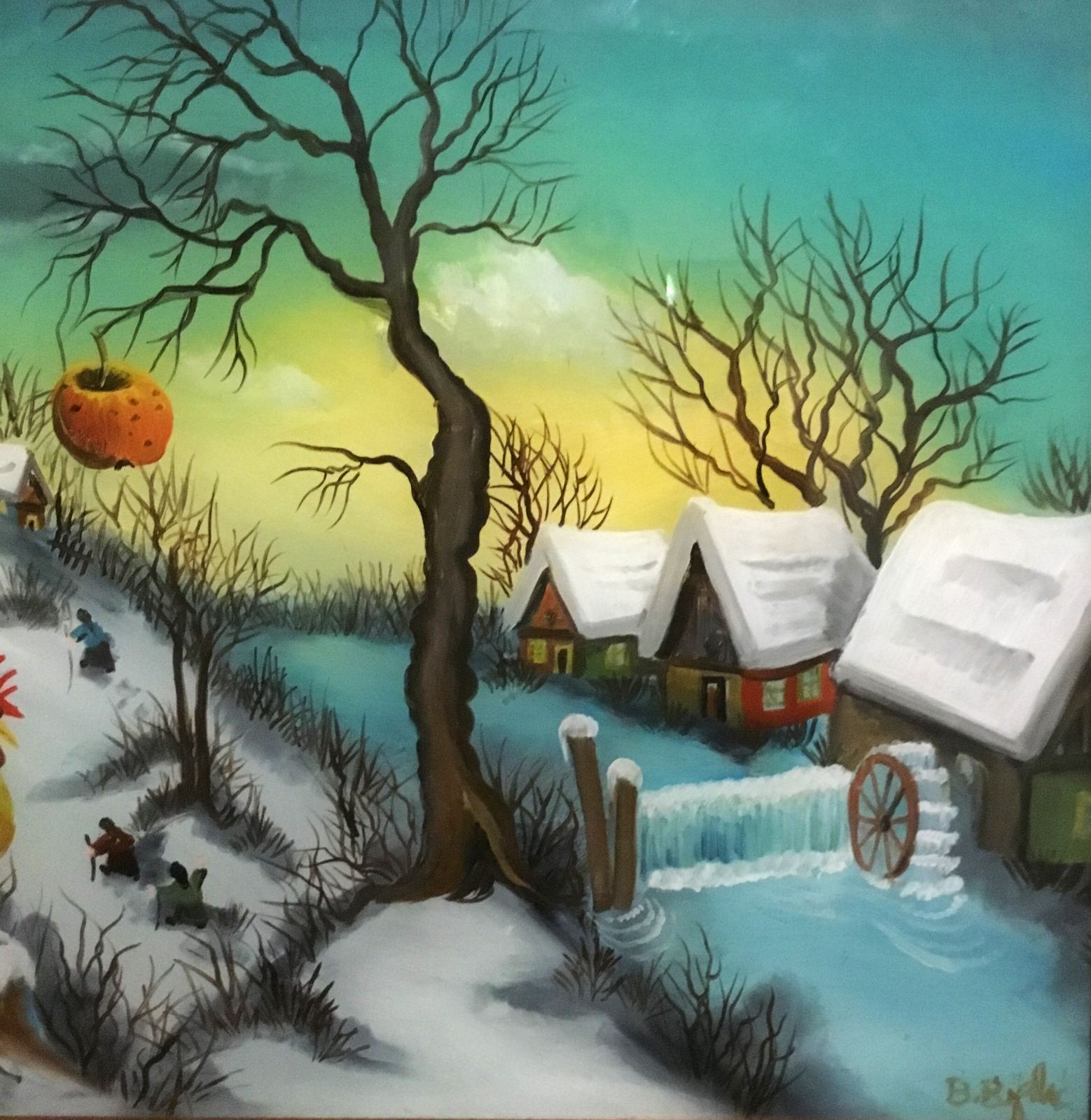 クロアチア 素朴派 ブラニミール・ビイェリッチ作 雪の農村風景 ガラス