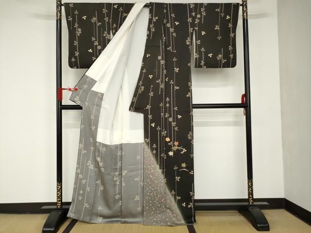 平和屋本店□極上 訪問着 薔薇 バラ 暈し染め 黒地 銀通し地 逸品  