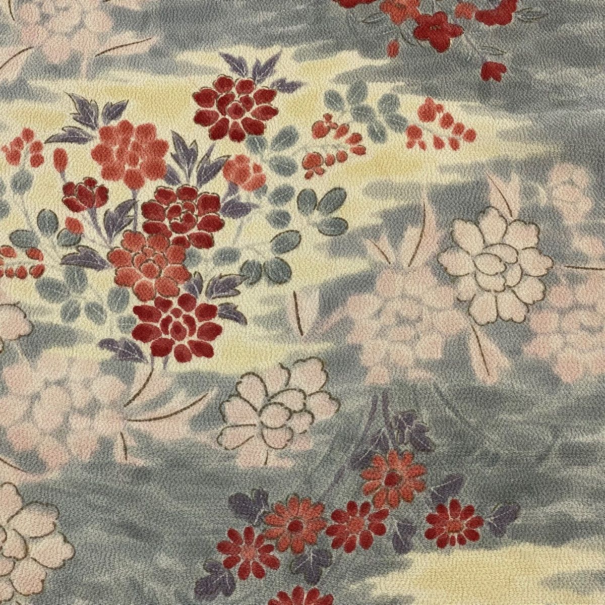 反物 秀品 小紋 草花 霞 縮緬 灰色 正絹