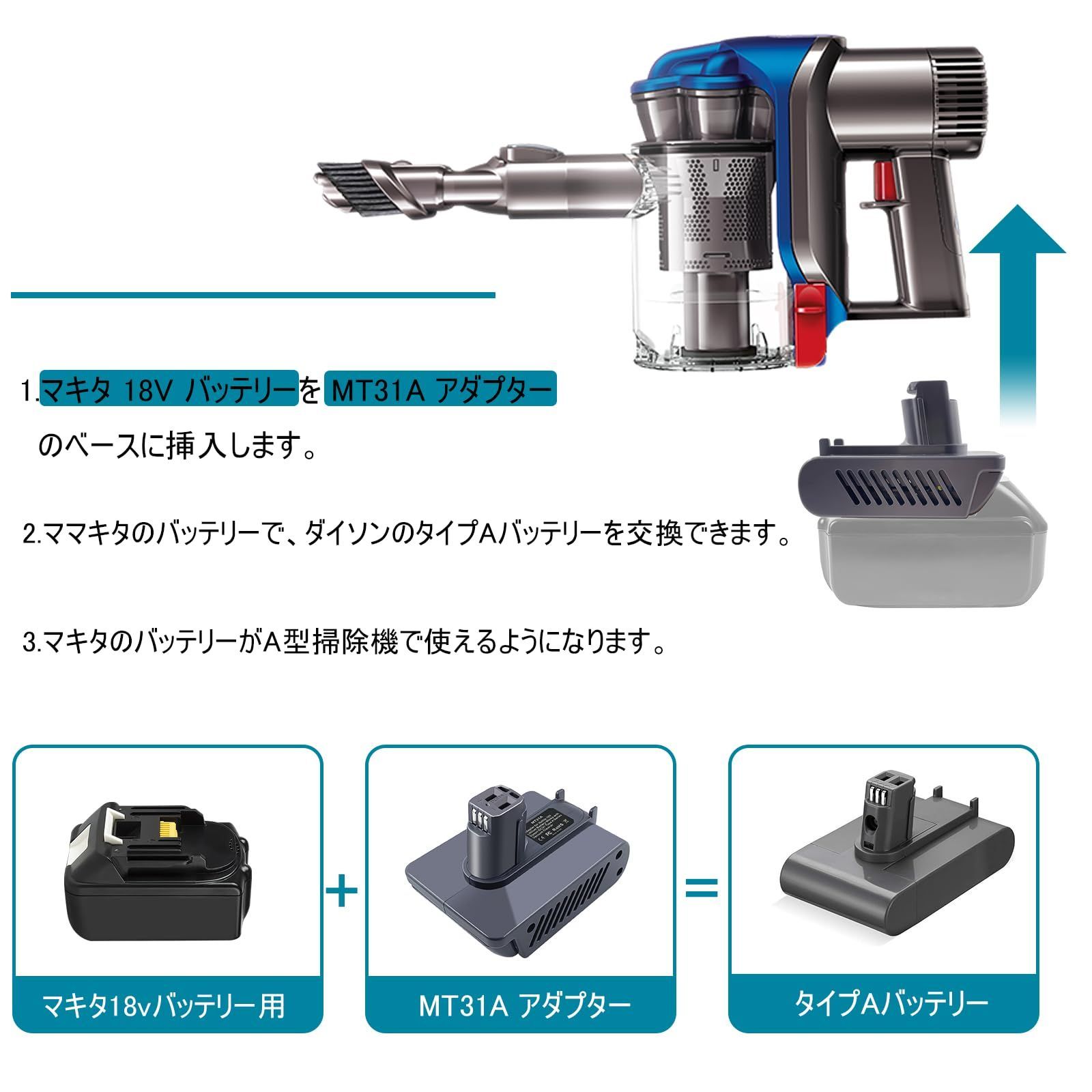 コードレス掃除機 18Vリチウムバッテリー対応 部品 Dyson マキタ DC31 DC34 DC35 DC31用バッテリーアダプター DC44 など 掃除機に対応（Type B ダイソン DC44 MK2非対応）（アダプターのみ） - メルカリ