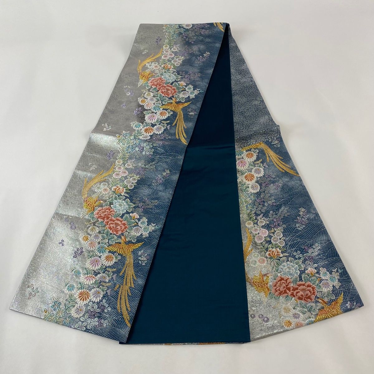 袋帯 美品 名品 落款 正倉院 向い鳥 草花 箔 銀糸 薄ピンク 六