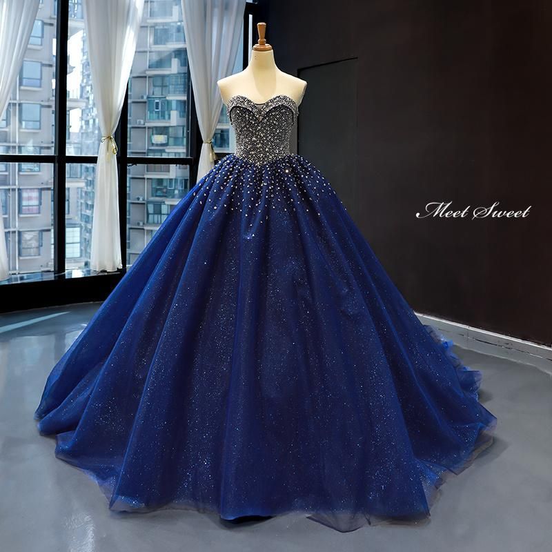 ドレス プリンセスライン ロイヤルブルー ベアトップ ビーズ ロングドレス ウェディングドレス 結婚式 二次会 花嫁 前撮り 演奏会 発