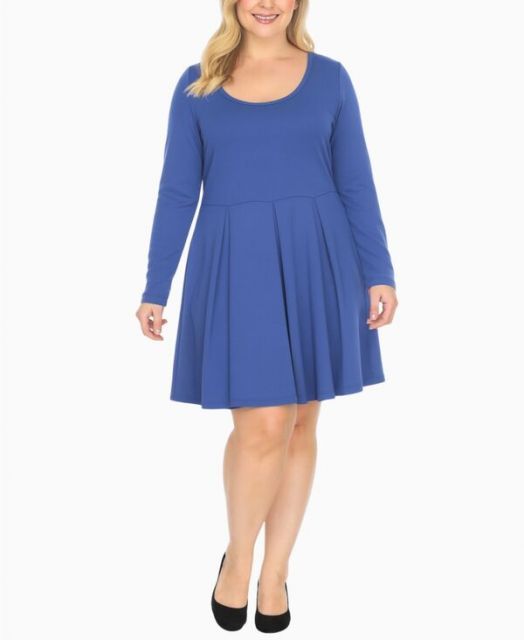 送料無料 ホワイトマーク レディース ワンピース トップス Plus Size Classic Long Sleeve Fit and Flare Dress Royal