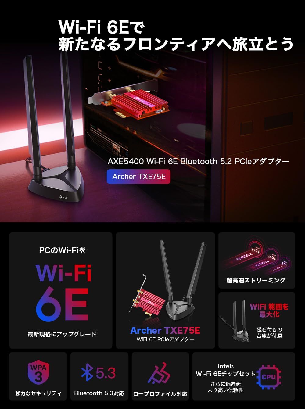 TP-Link Wi-Fi 6E Bluetooth 5.3 PCIeアダプター デスクトップパソコン Intel Wi-Fi 6E トライバンド 2402 6GHz 2402Mbps 5GHz 574Mbps 2.4GHz A