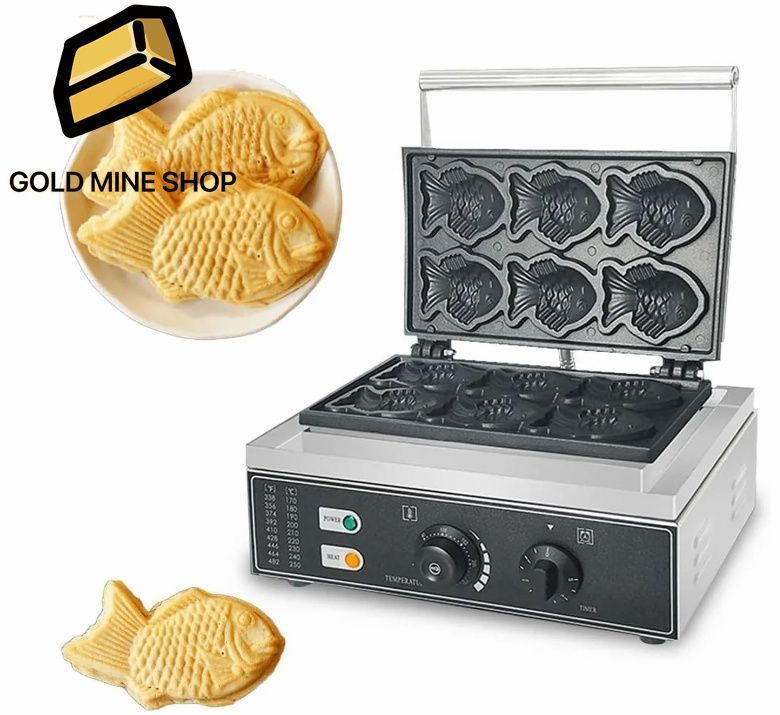 業務用たい焼きメーカー 1550W 6穴ステンレス鋼電気日本の魚型ワッフルアイロン機 50-300℃ 5分タイマー 両面加熱 スナックバー レス