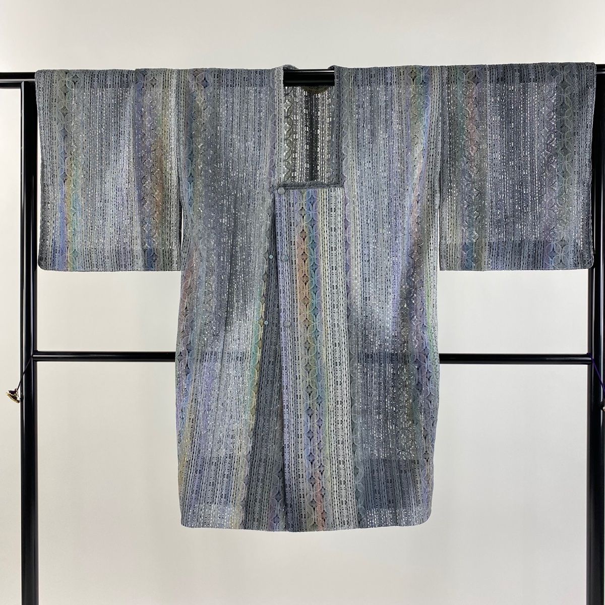 道行 身丈105cm 裄丈67.5cm L 和装コート 角衿 縞 幾何学模様 青灰色  