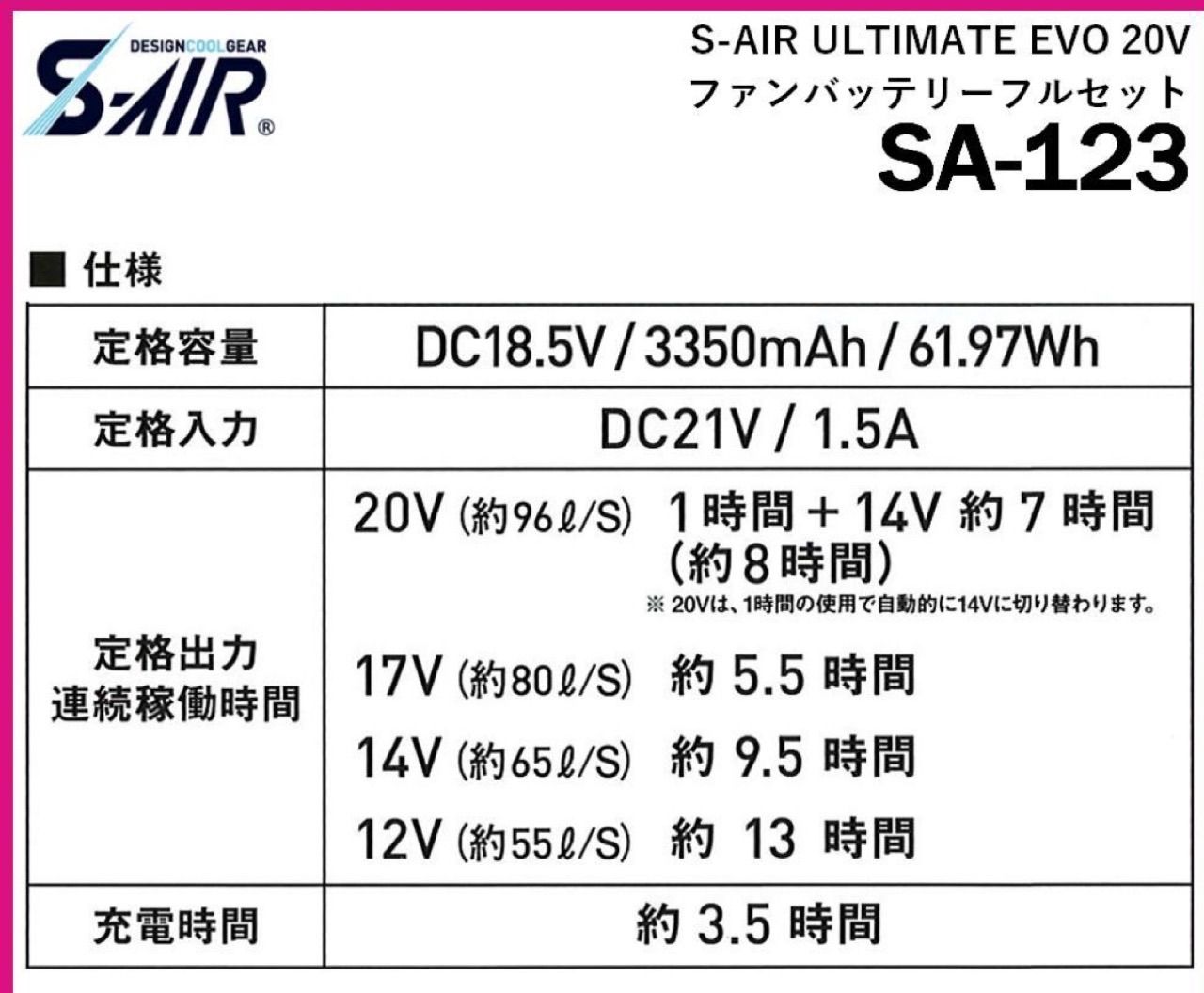 空調服 SP-123 S-AIR ULTIMATE EVO 20Vファンバッテリーフルセット ブラック セット価格20V最安値 