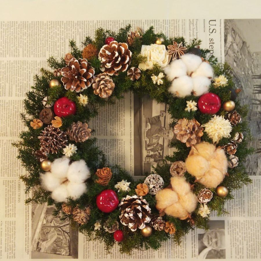 コットンフラワーとポポラスベリーのクリスマスリース (32cm) 11/20作製