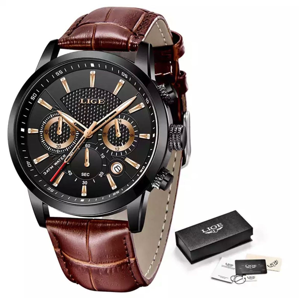 LIGE 腕時計 高級感 メンズ クォーツ式 ローズゴールド ブラック 人気