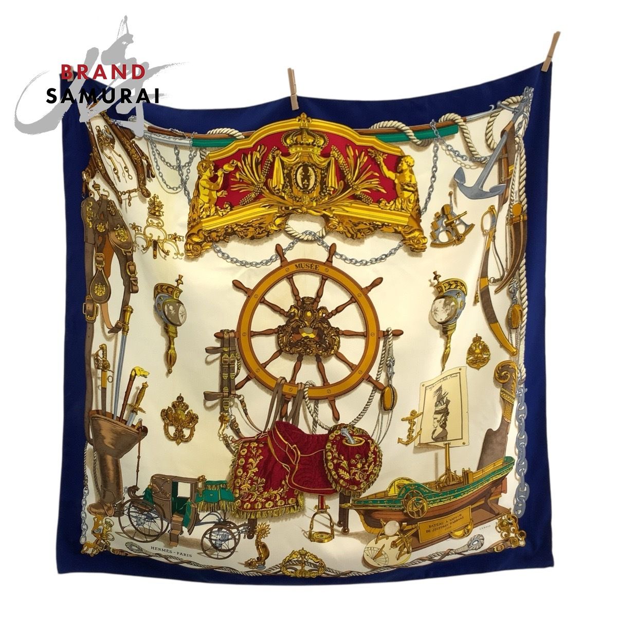 HERMES エルメス BATEAU A VAPEUR DE JOUFFROY DABBANS 1784 カレ90 ブルー マルチ シルク スカーフ 大判スカーフ レディース 503768