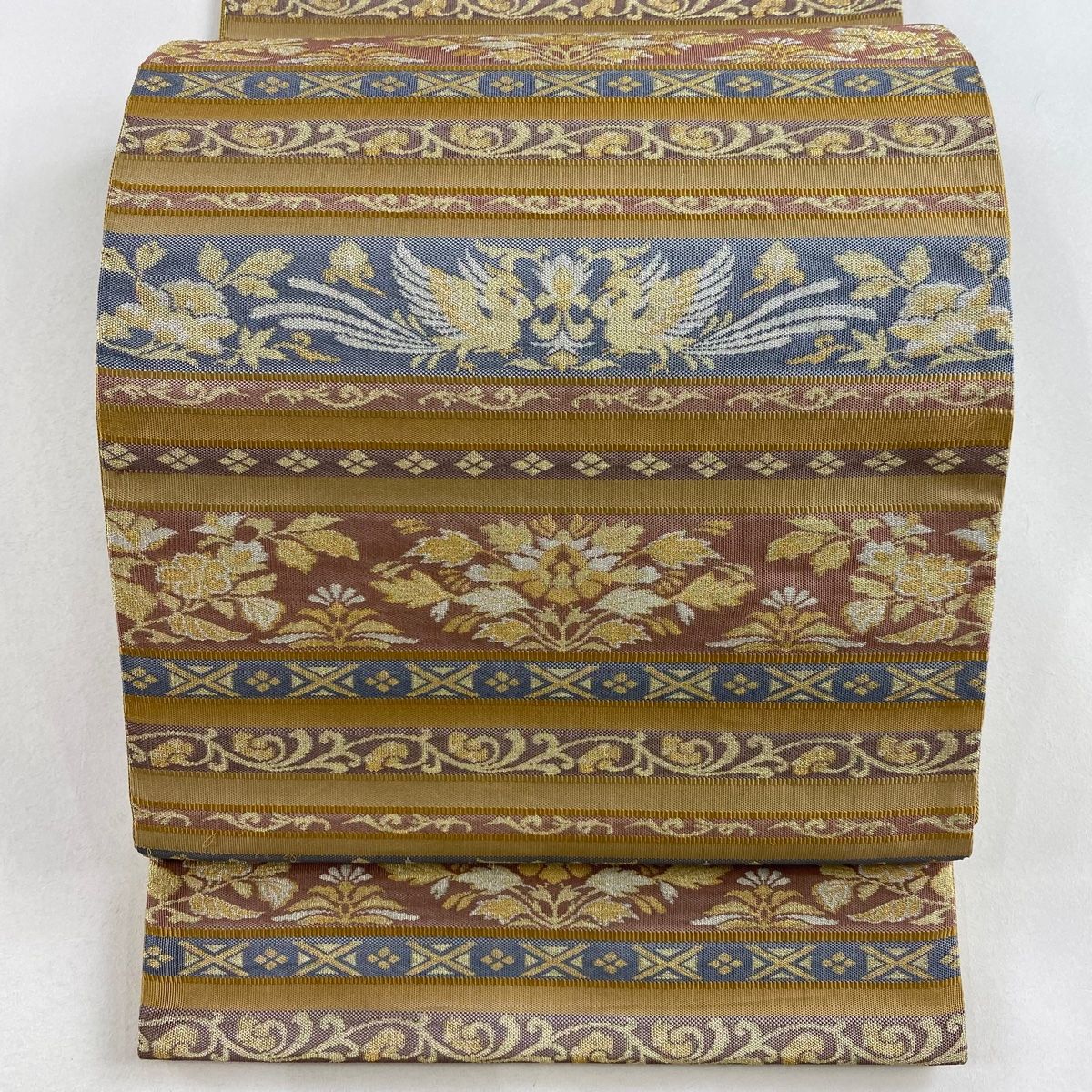 袋帯 美品 秀品 草花 向かい鳥 金銀糸 薄茶色 六通 正絹 【中古