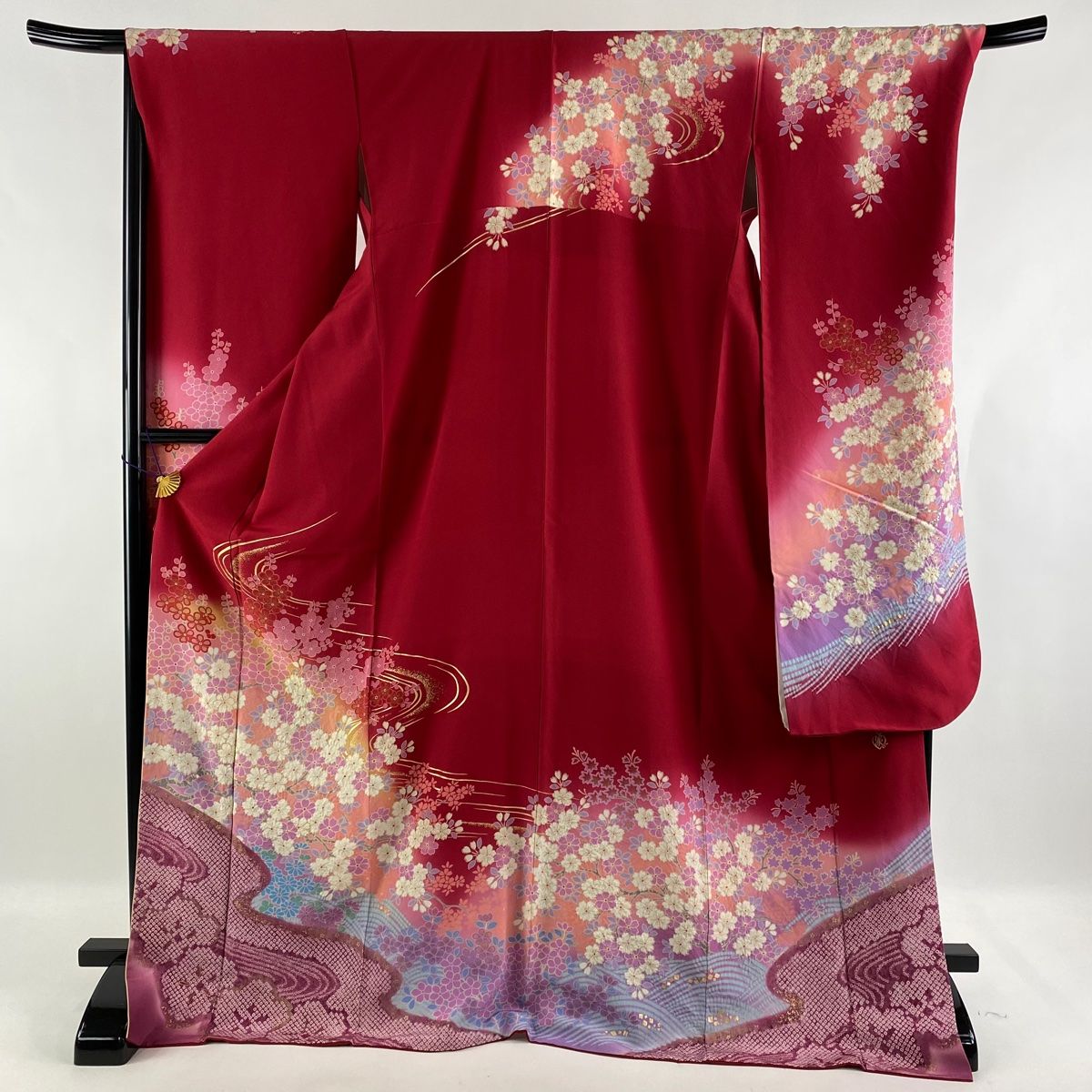 振袖 美品 名品 落款 桂由美 桜 流水 金彩 染分け 赤 袷 身丈172cm 裄