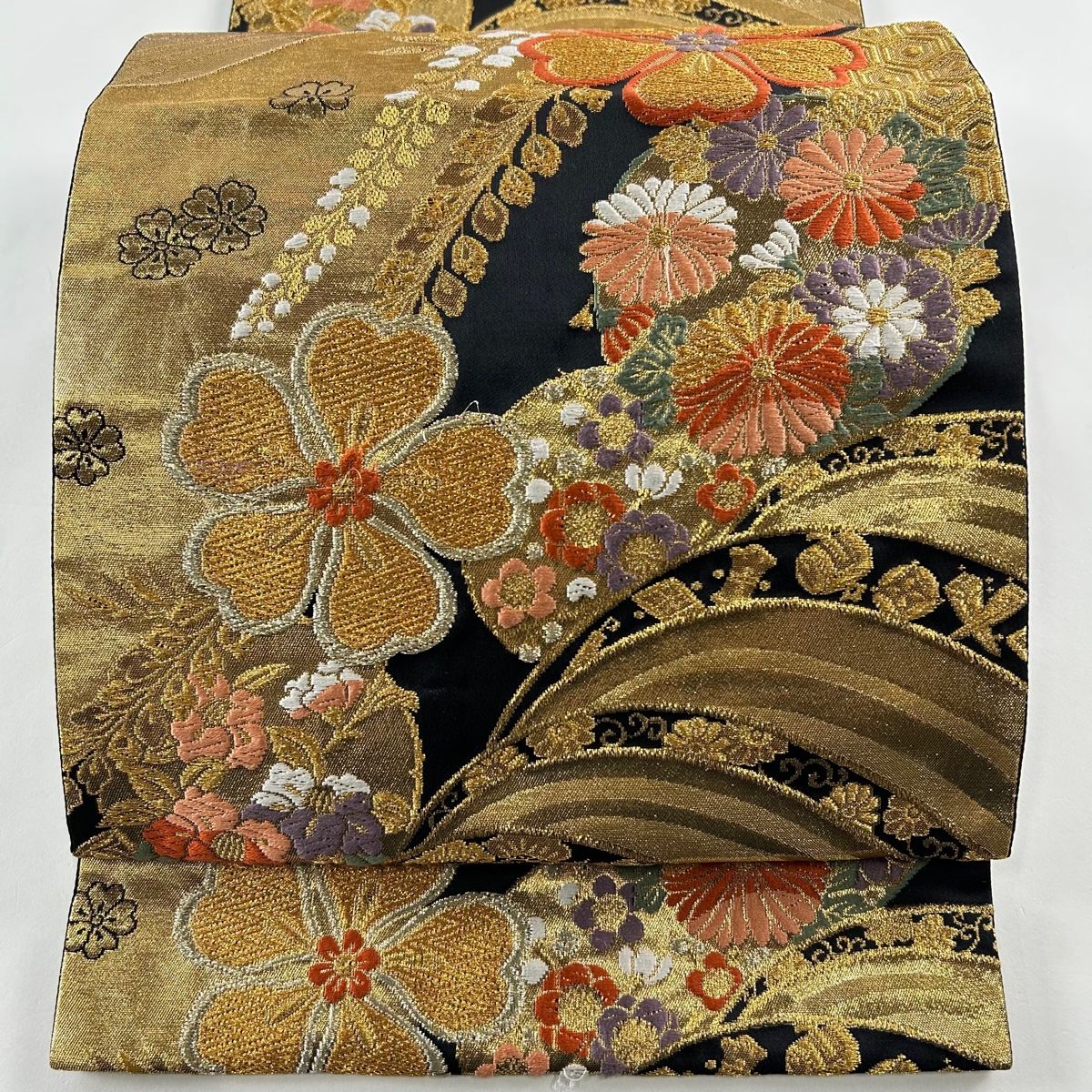 【激安通販 オンラインショップ】日用品 六通 黒 金糸 刺繍 花 花丸文 秀品 袋帯 正絹 メルカリ - 【中古】 着物・浴衣