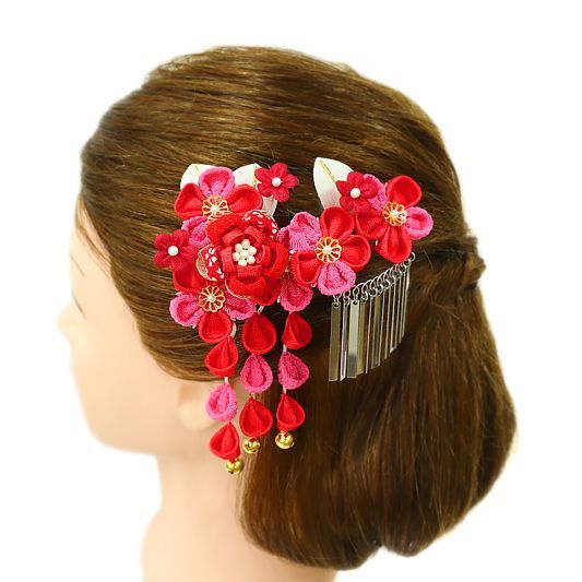 七五三 髪飾り 三歳 七歳 日本髪 つまみ細工 赤 花 2点セット ピンク