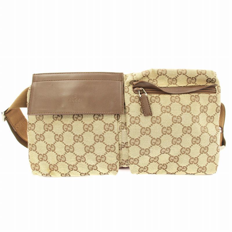グッチ GUCCI 28566 GGキャンバス レザー ボディバッグ ウエストバッグ ベージュ 茶 ブラウン |KU ●D OH