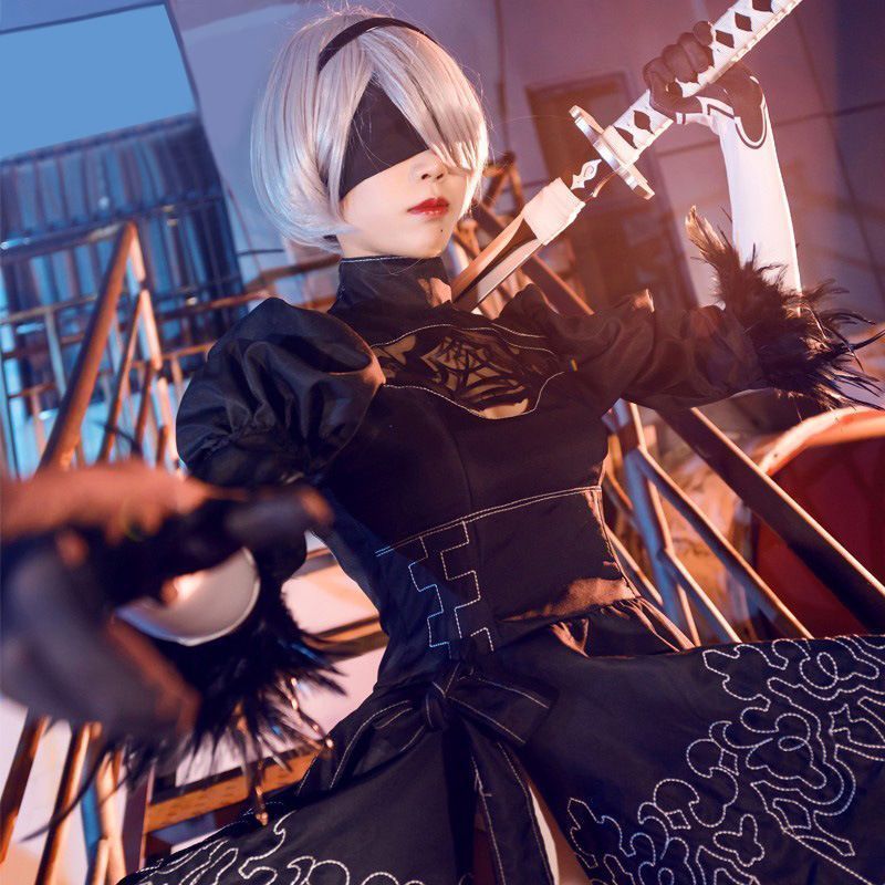 ニーア オートマタ NieR Automata ヨルハ二号B型 2B 全セット ウイッグ付き 手袋 眼帯 カチューシャ ストッキング コスプレ衣装 仮装変装