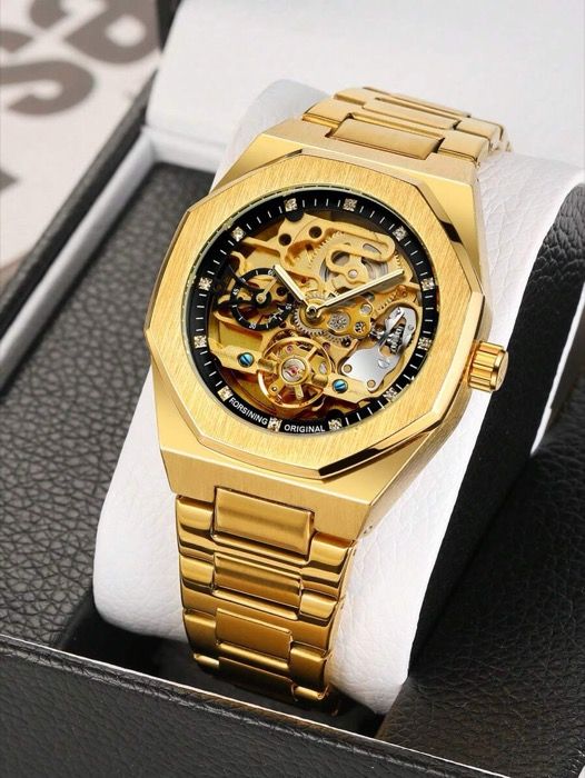 腕時計 メンズ 機械式 1個 メンズ自動巻き機械式腕時計 ゴールド ステンレススチールバンド カジュアル 夜光 中空 ダイヤモンド装飾 ファッショナブルで多用途