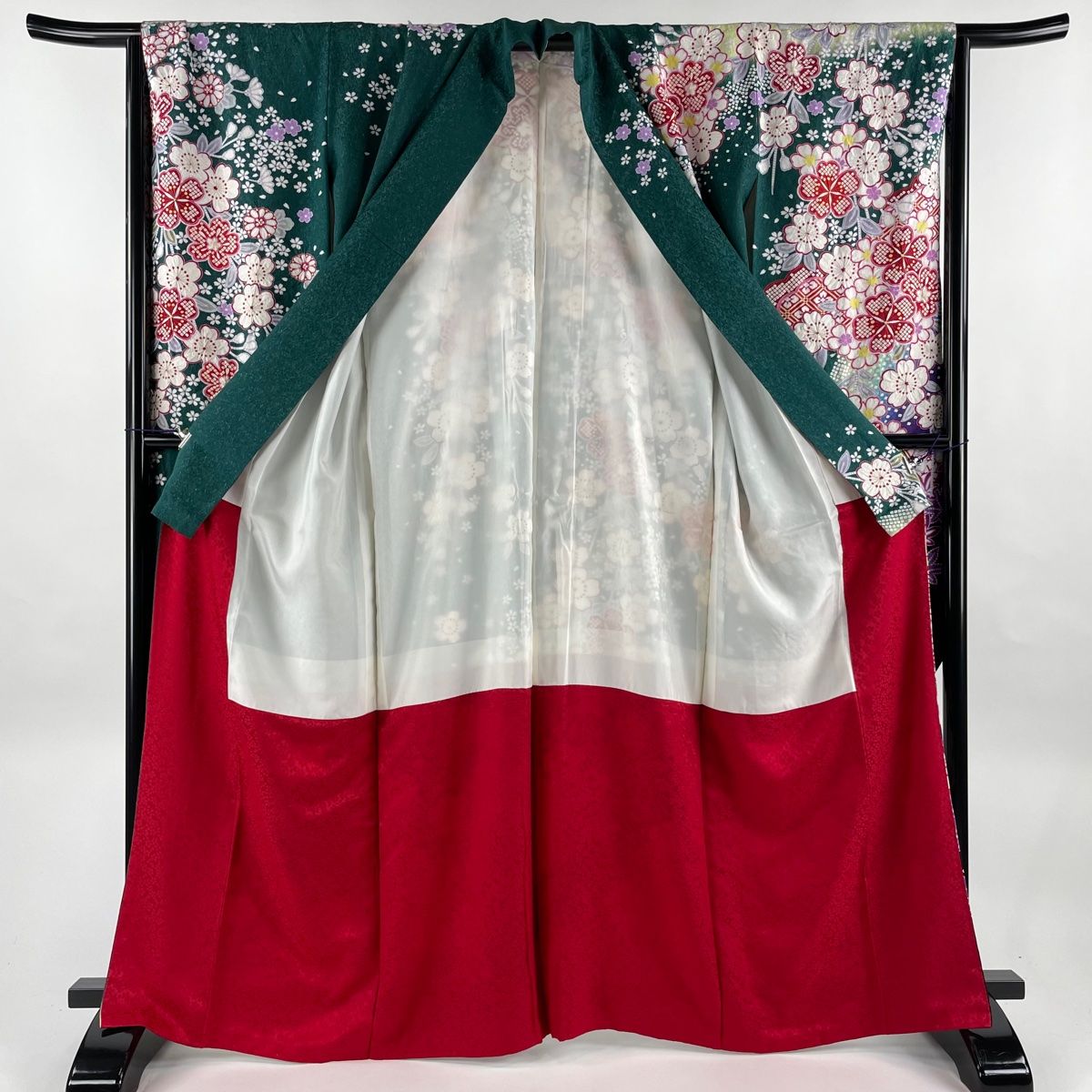 振袖 身丈165cm 裄丈68cm L 袷 桜 蝶 箔 金彩 青緑 正絹 美品 秀