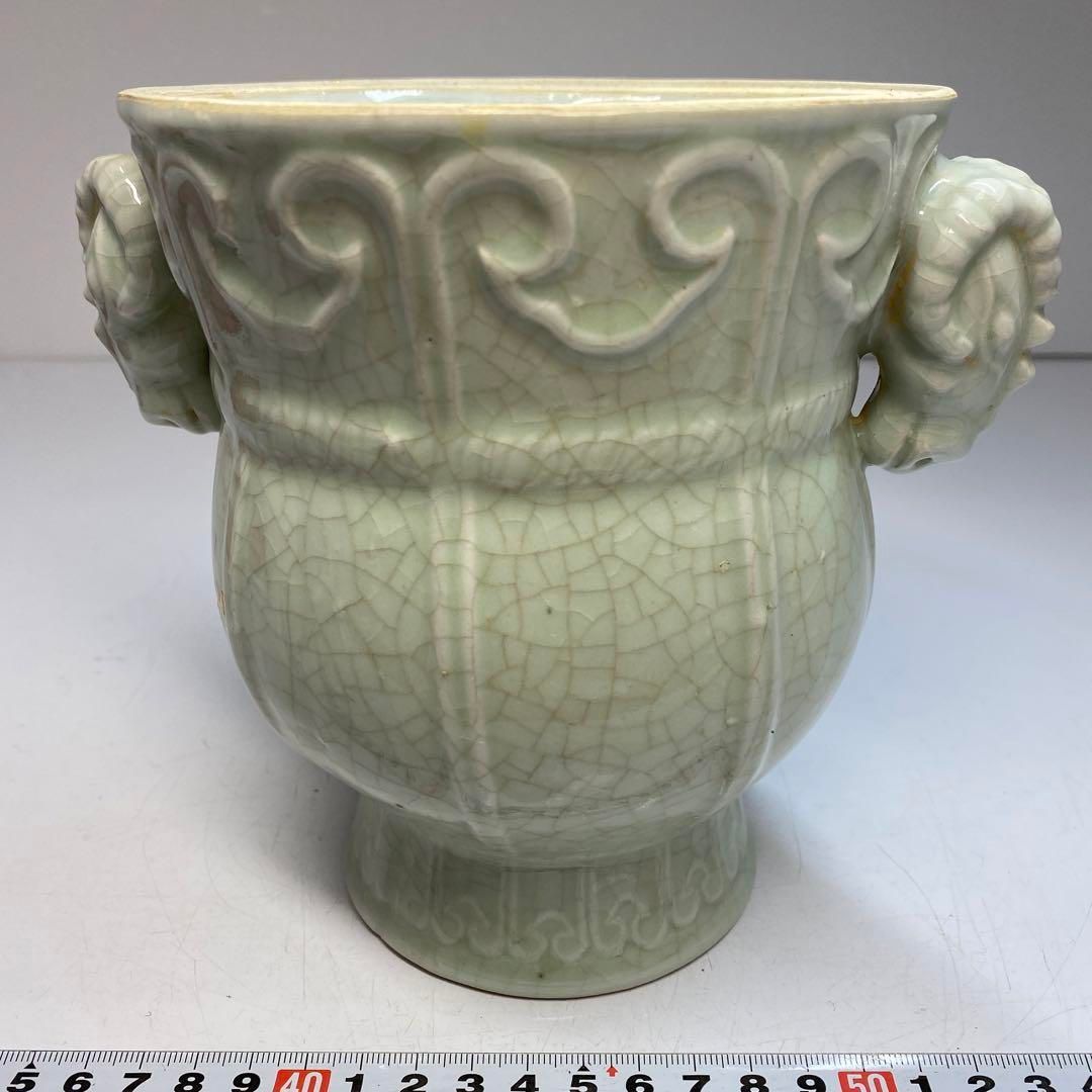 中国美術 青磁山羊耳壺 高さ16.5cm 東Y6-0415④