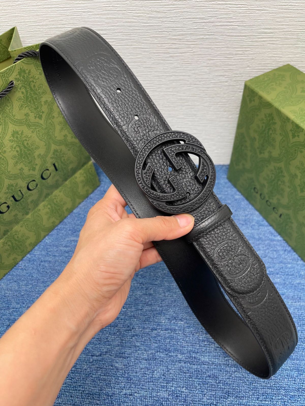 GUCCI ダブルGバックル ベルト 青 今日特価】Gucci Signature ダブル G バックル 本革ベルト-2