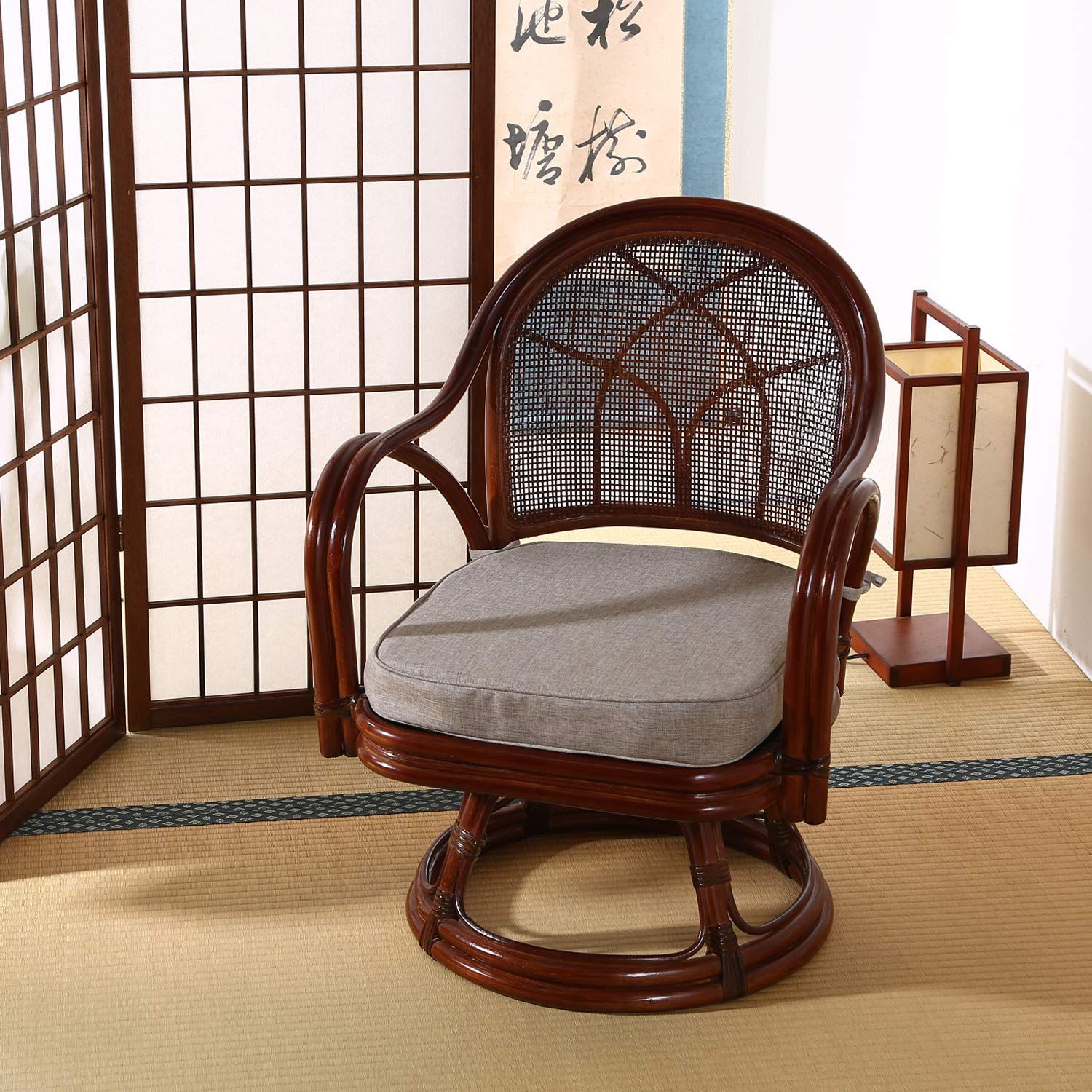 数量限定】座面高33cm 完成品 肘付き ラタン ブラウン 幅52×奥行54×高