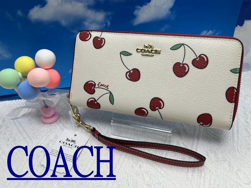 コーチ 財布 COACH 長財布 ロング ジップ アラウンド ウォレット ハート チェリー プリント さくらんぼ 柄 チョークマルチ 贈り物  新生活 年度末 プレゼント 財布 レディース  新品未使用 ブランド   B163 CF406 13