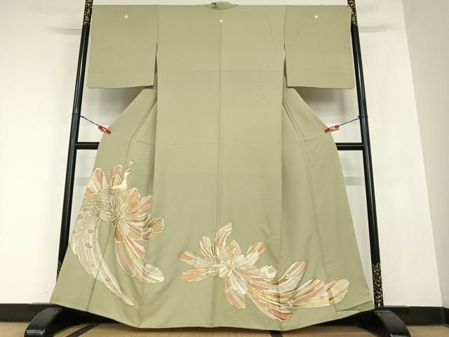 平和屋着物●豪華色留袖 駒刺繍 孔雀花文 金彩 正絹 AABB6596zg