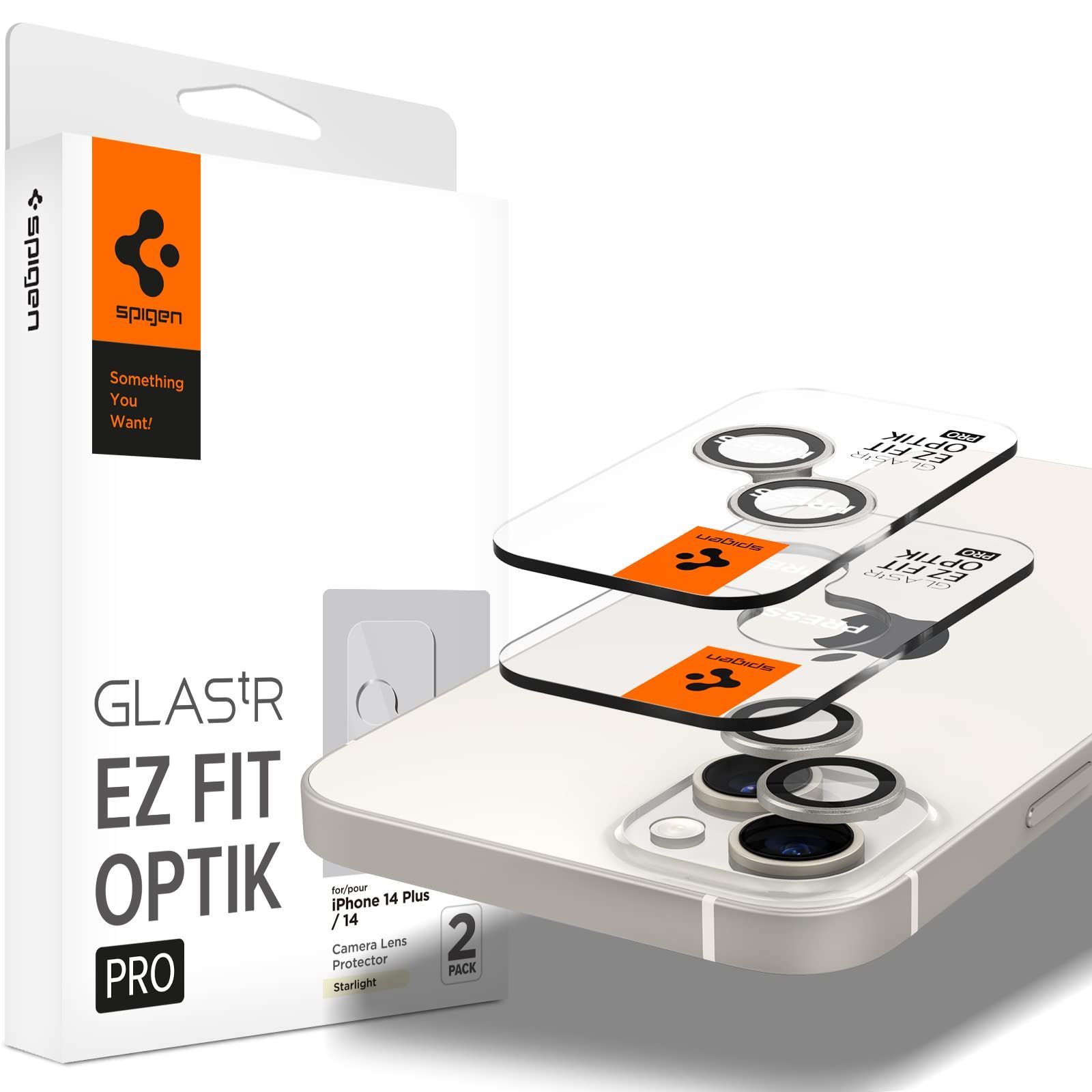 Spigen EZ Fit Optik Pro iPhone 14、iPhone 14 Plus 用 カメラフィルム 貼り付けキット付きiPhone14、iPhone14 Plus 対応 レンズ保護フィルム スターライト 2セット