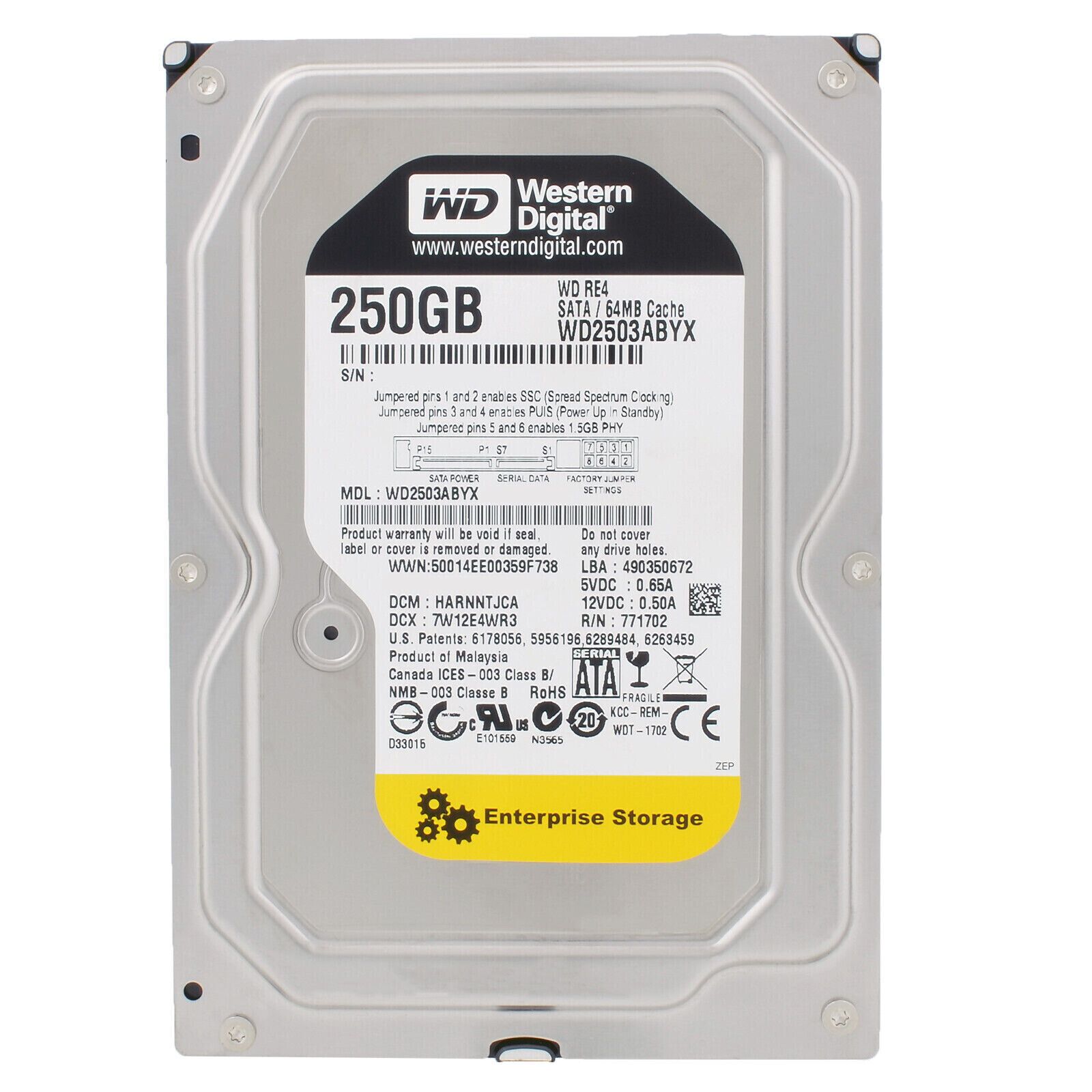 Western Digital RE4 250GB WD2503ABYX 64MB 7200U / 最小 SATA II 3.5 ドライブ