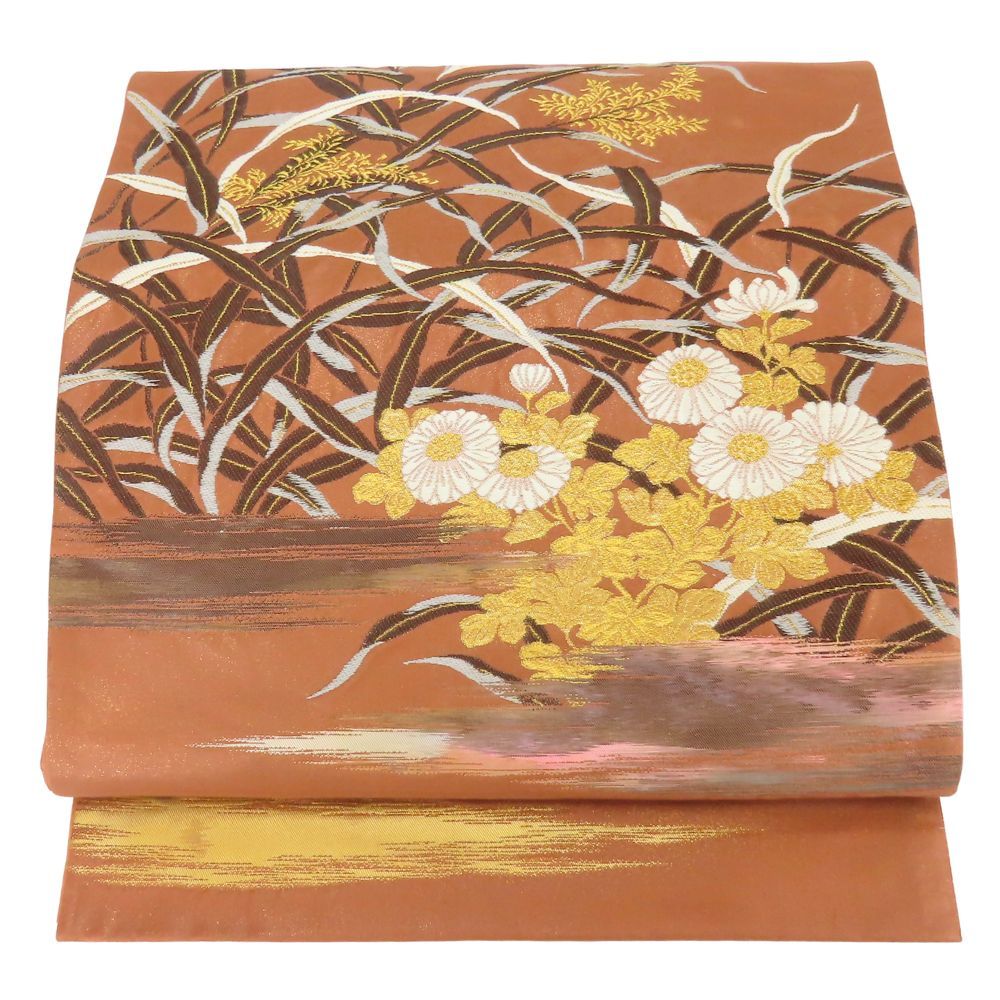 袋帯 正絹 金銀糸除く ブラウン系 ゴールド ホワイト グレー 薄 菊 お洒落 和装 呉服 和服 きもの レディース 女性