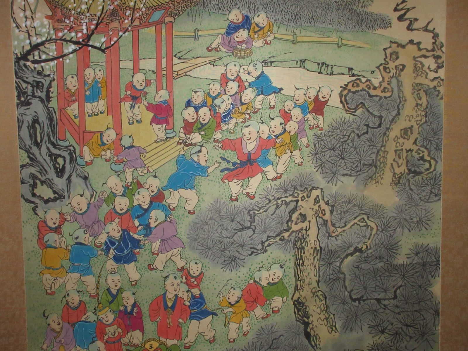 絹本 肉筆 百子図（百子图）中国絵 アンティーク - 工芸品