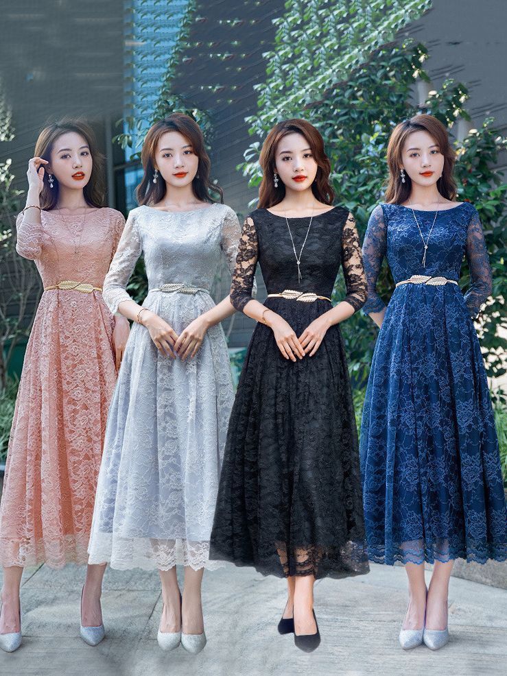 ドレスブライズメイド大人二次会袖付きロングドレス演奏会結婚式ミモレ丈体型カバー発表会花嫁xiuhua13ピアノ